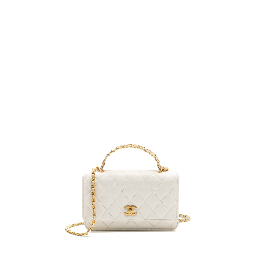 CHANEL 23P LETTER TOP HANDLE WALLET ON CHAIN CALFSKIN WHITE GHW(MICROCHIP)