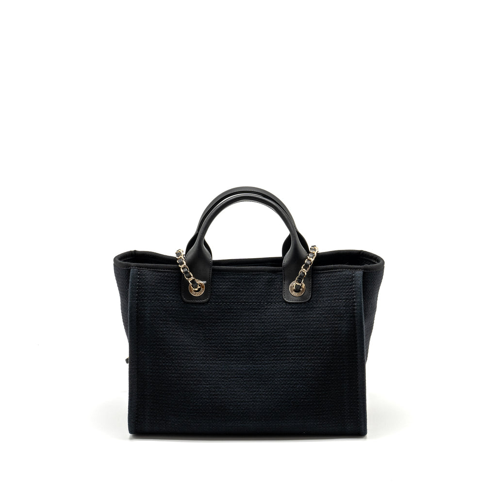 CHANEL SMALL DEAUVILLE SHOPPING TOTE BAG CALFSKIN/FABRIC BLACK LGHW (MICROCHIP)