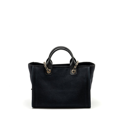 CHANEL SMALL DEAUVILLE SHOPPING TOTE BAG CALFSKIN/FABRIC BLACK LGHW (MICROCHIP)