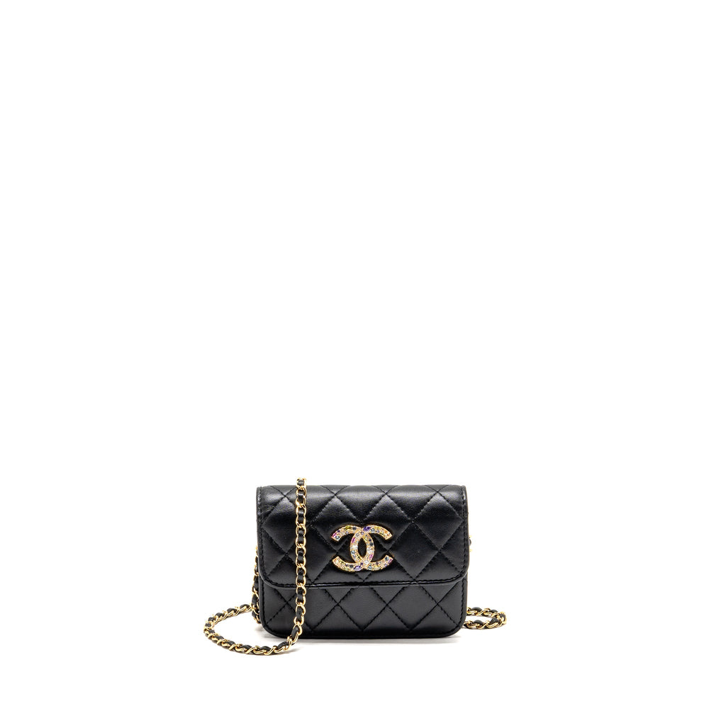 CHANEL ZIRCONIUM FLAP CLUTCH/CARD HOLDER WITH CHAIN LAMBSKIN BLACK GHW