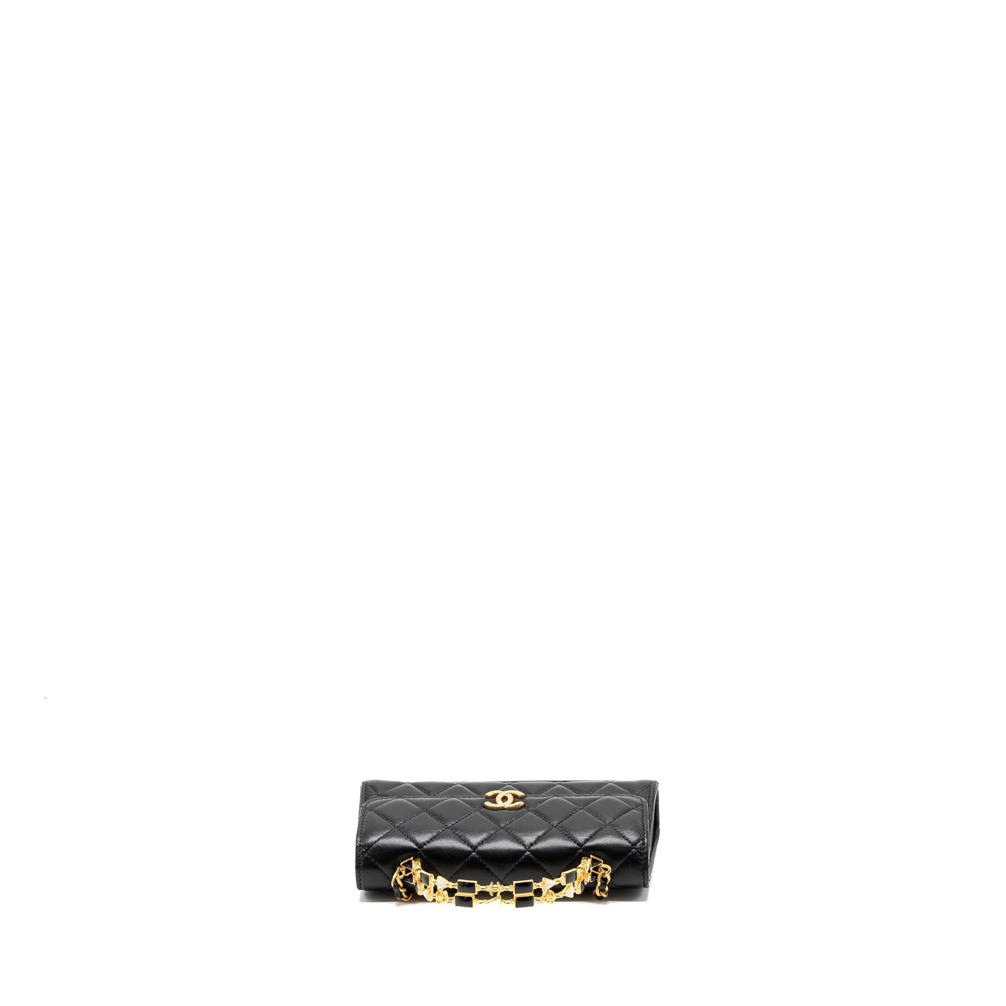 CHANEL 22B FLAP BAG WITH ENAMEL TOP HANDLE LAMBSKIN BLACK GHW (MICROCHIP)