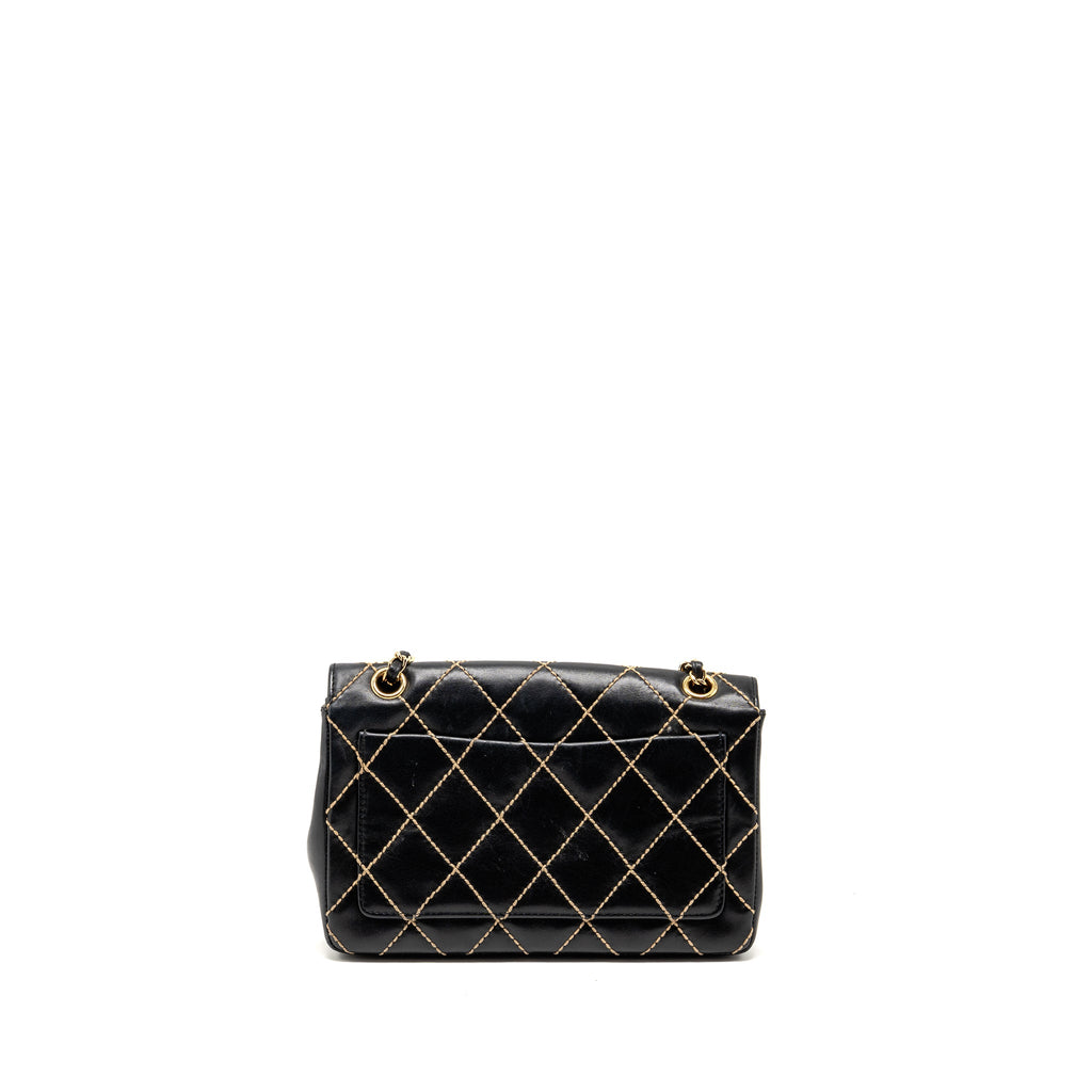 CHANEL VINTAGE QUILTED FLAP BAG LAMBSKIN BLACK WITH WHITE STITCHING GHW