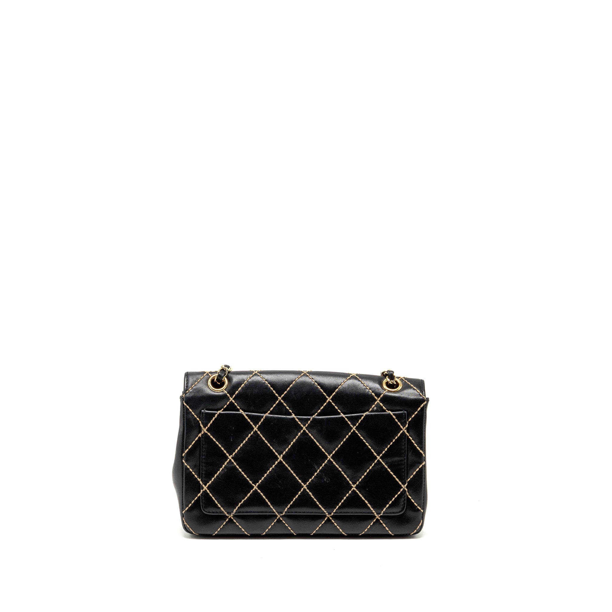 CHANEL VINTAGE QUILTED FLAP BAG LAMBSKIN BLACK WITH WHITE STITCHING GHW