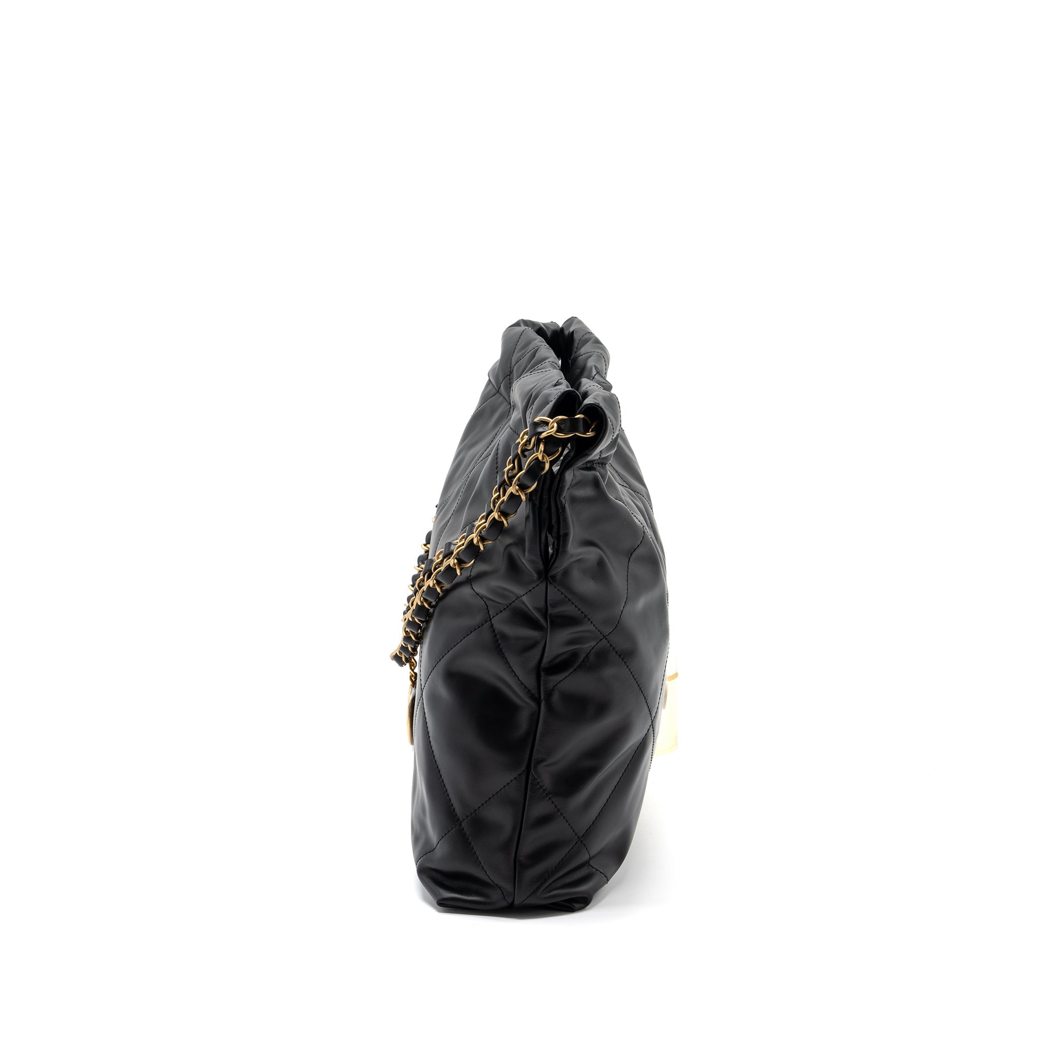 CHANEL SMALL 22 BAG CALFSKIN BLACK / WHITE LETTER GHW (MICROCHIP)