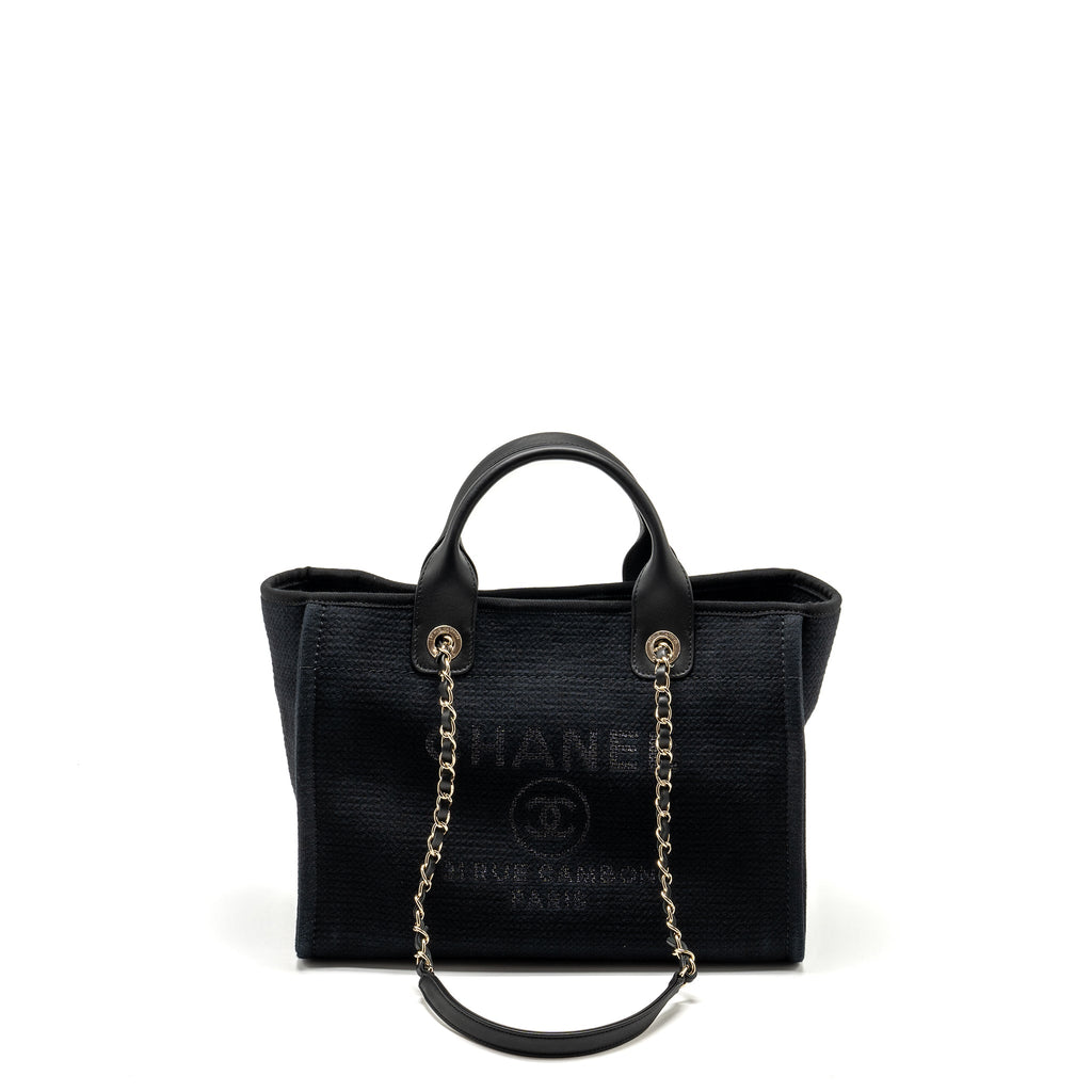 CHANEL SMALL DEAUVILLE SHOPPING TOTE BAG CALFSKIN/FABRIC BLACK LGHW (MICROCHIP)