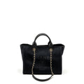 CHANEL SMALL DEAUVILLE SHOPPING TOTE BAG CALFSKIN/FABRIC BLACK LGHW (MICROCHIP)