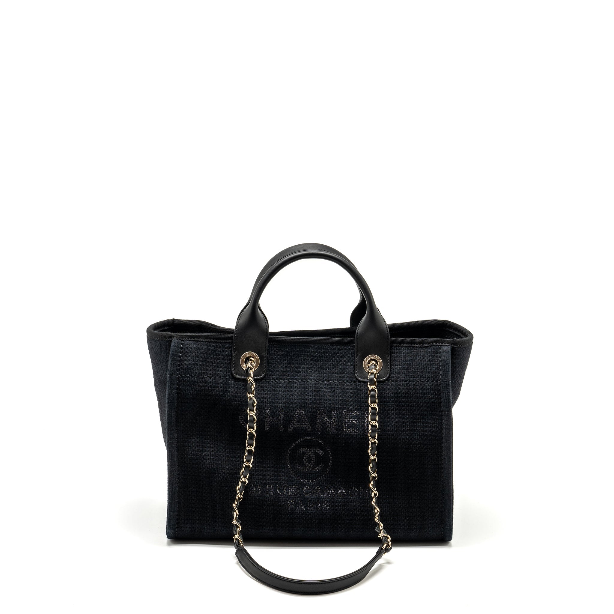 CHANEL SMALL DEAUVILLE SHOPPING TOTE BAG CALFSKIN/FABRIC BLACK LGHW (MICROCHIP)