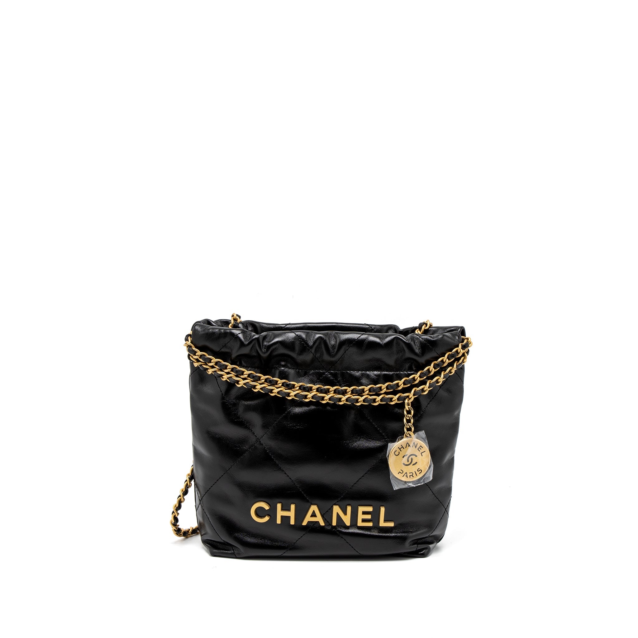CHANEL 23S MINI 22 BAG SHINY CALFSKIN BLACK BRUSHED GHW (MICROCHIP)