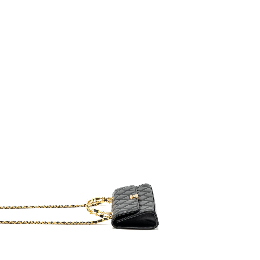 CHANEL 22B FLAP BAG WITH ENAMEL TOP HANDLE LAMBSKIN BLACK GHW (MICROCHIP)