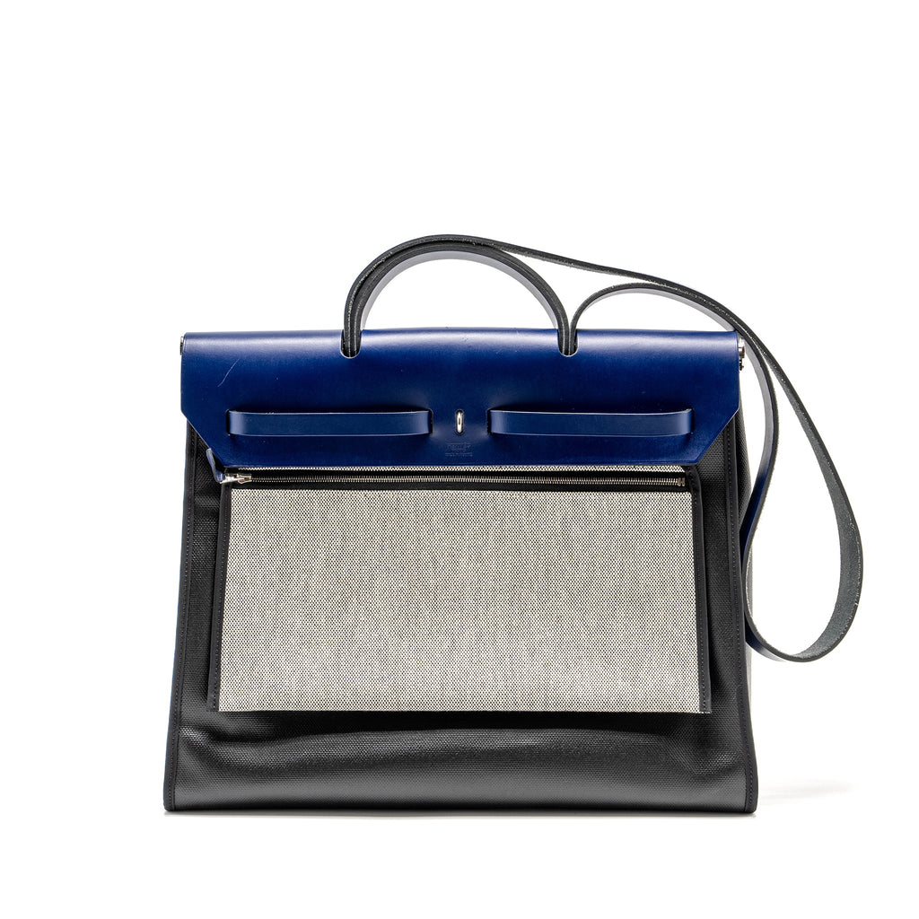 HERMES HERBAG 39 ZIP BAG BERLINE CANVAS / LEATHER BLACK / BLUE SHW