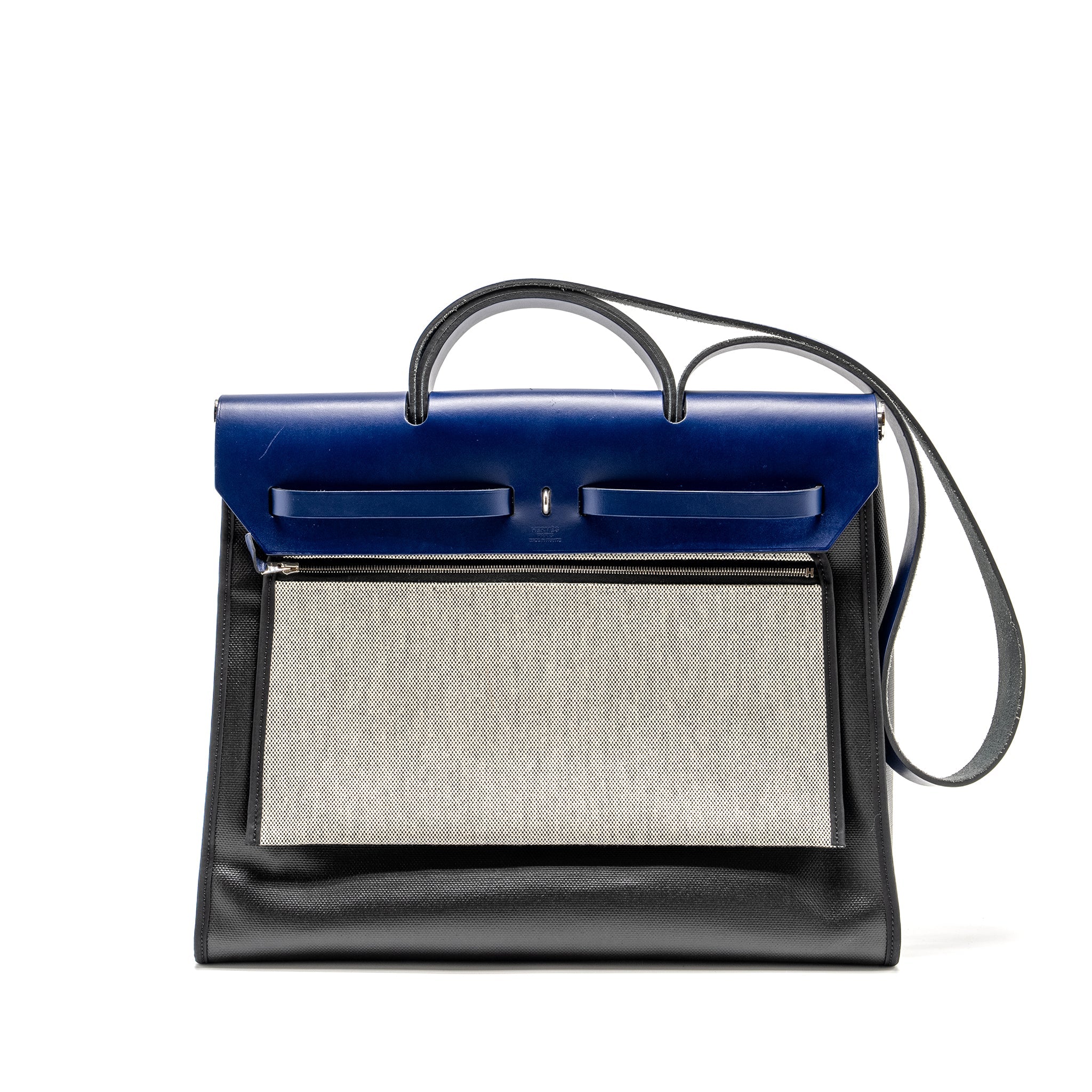 HERMES HERBAG 39 ZIP BAG BERLINE CANVAS / LEATHER BLACK / BLUE SHW