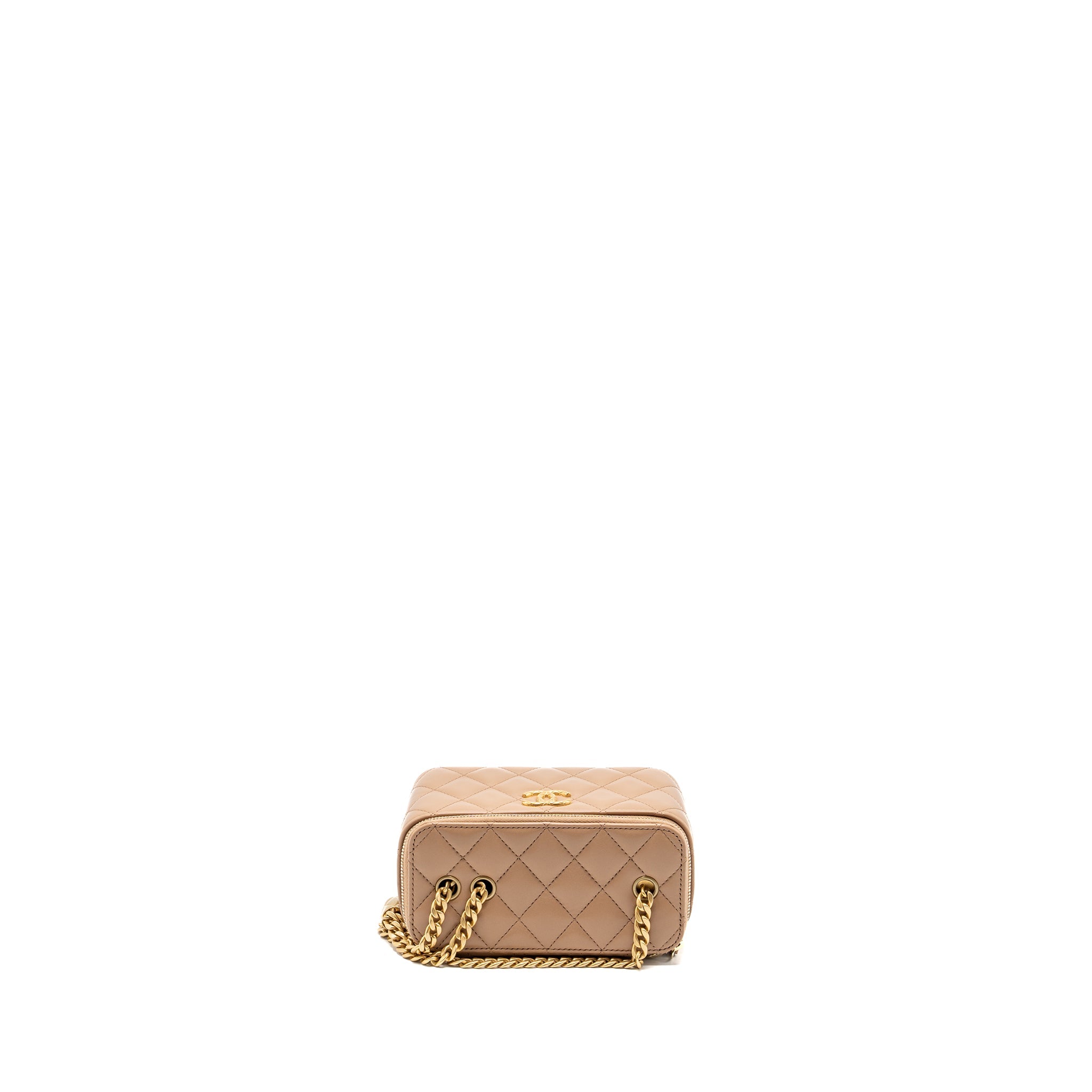 CHANEL GOLD PILLAR LONG VANITY CASE WITH ADJUSTABLE CHAIN LAMBSKIN DARK BEIGE GHW (MICROCHIP)