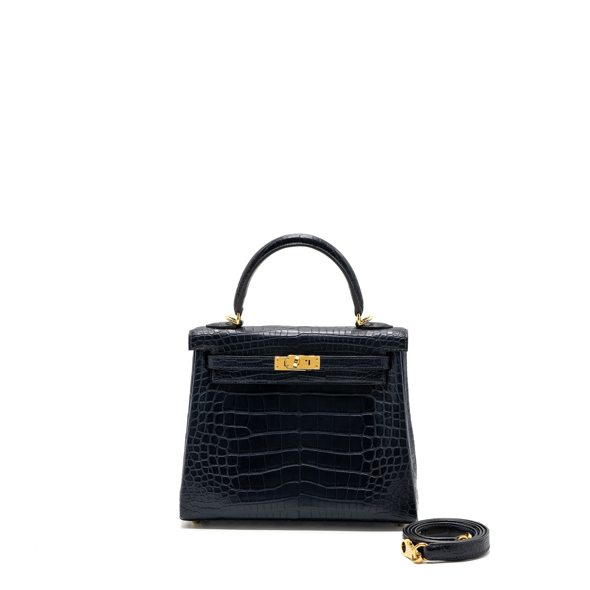 HERMES KELLY 25 MATTE CROCODILE ALLIGATOR MISSISSIPPIENSIS BLUE INDIGO GHW