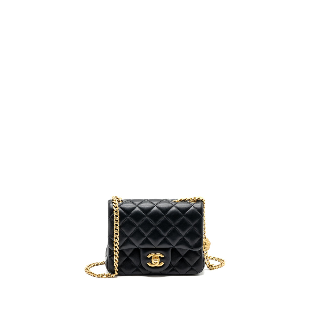CHANEL CAMELLIA ADJUSTABLE CHAIN MINI SQUARE FLAP BAG LAMBSKIN BLACK GHW (MICROCHIP)