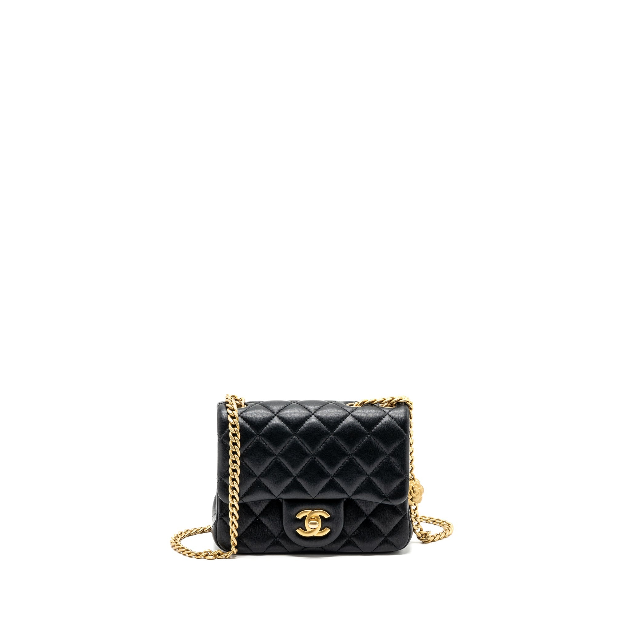 CHANEL CAMELLIA ADJUSTABLE CHAIN MINI SQUARE FLAP BAG LAMBSKIN BLACK GHW (MICROCHIP)