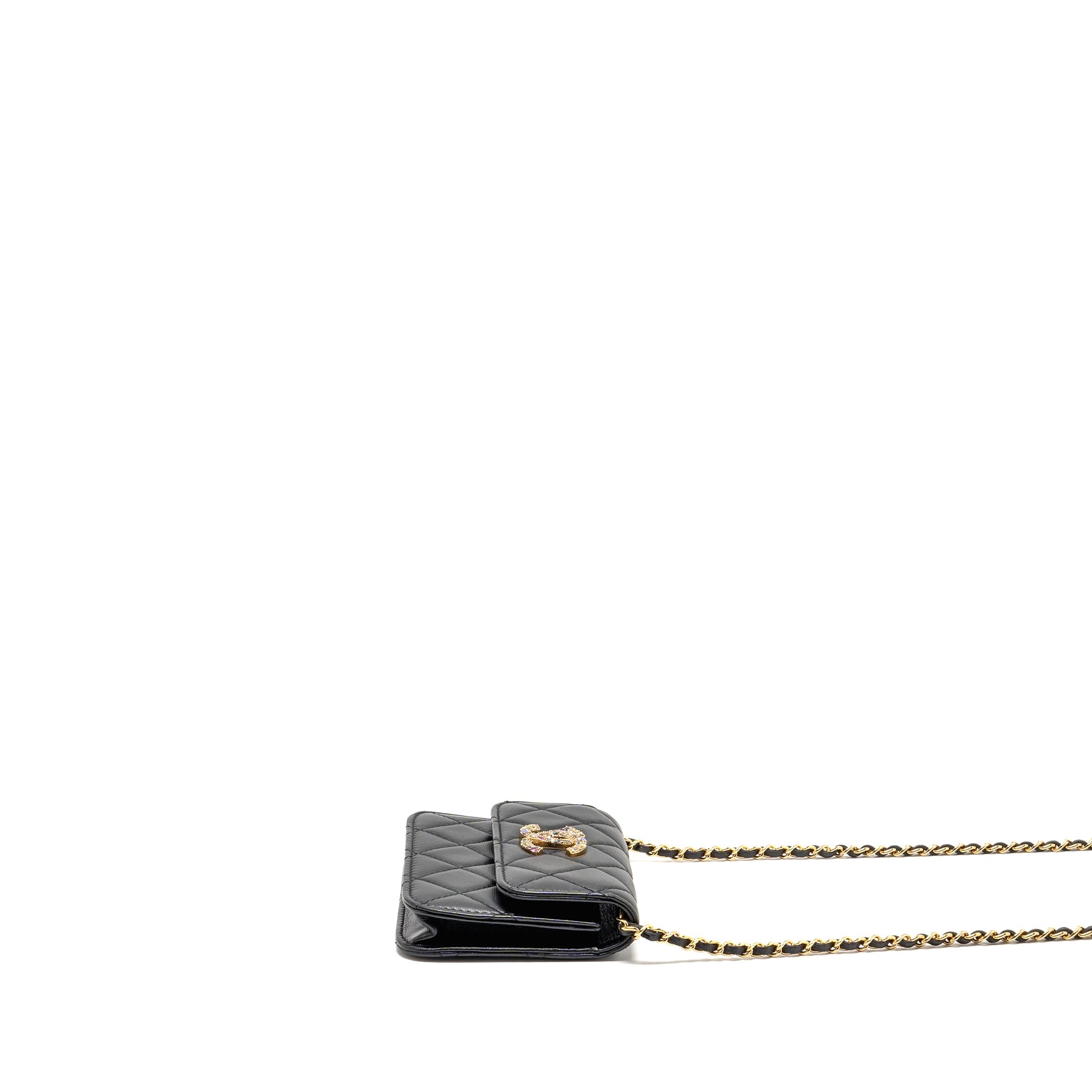 CHANEL ZIRCONIUM FLAP CLUTCH/CARD HOLDER WITH CHAIN LAMBSKIN BLACK GHW