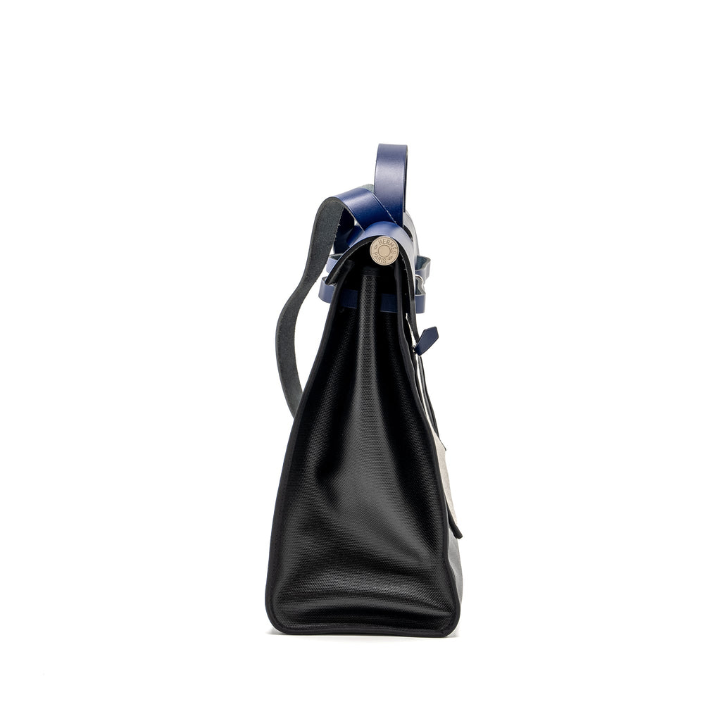 HERMES HERBAG 39 ZIP BAG BERLINE CANVAS / LEATHER BLACK / BLUE SHW