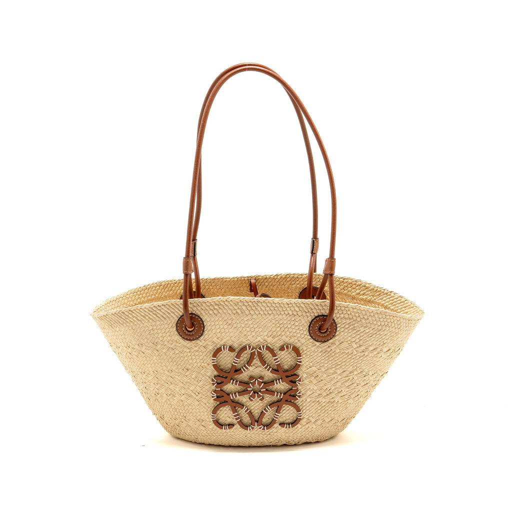 LOEWE SMALL ANAGRAM BASKET BAG IRACA PALM/CALFSKIN NATURAL/TAN