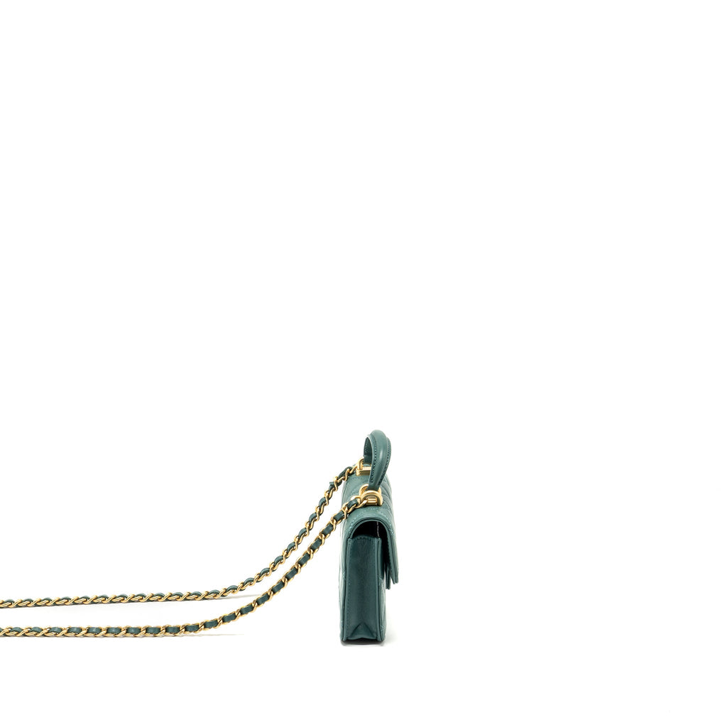 CHANEL TOP HANDLE MINI FLAP BAG WITH CHAIN LAMBSKIN GREEN GHW