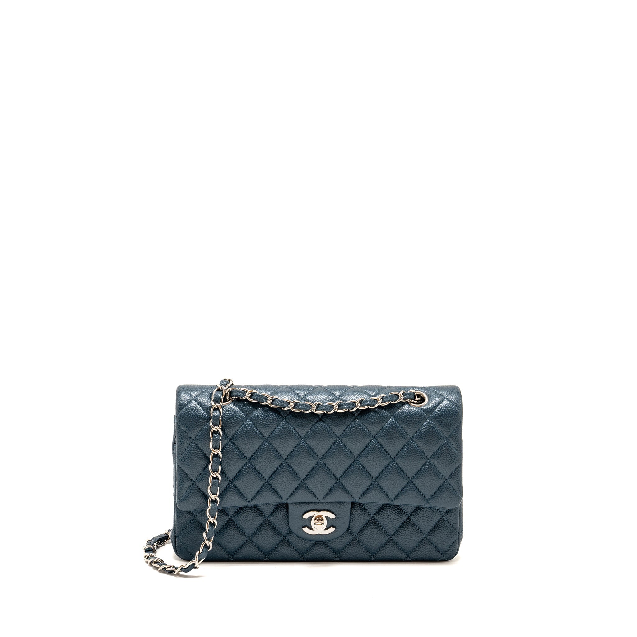 CHANNEL MEDIUM CLASSIC DOUBLE FLAP BAG CAVIAR METALLIC DARK BLUE SHW