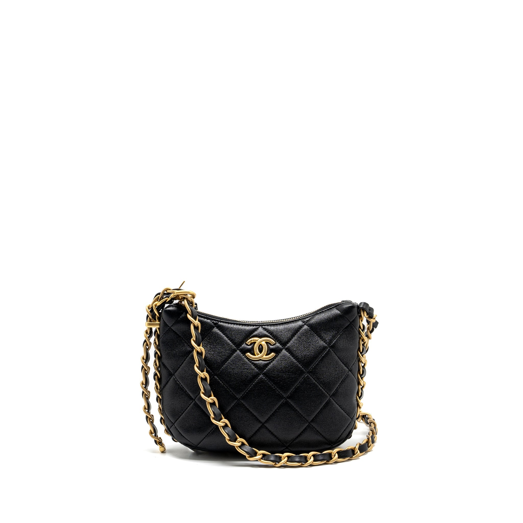 CHANEL 23K HOBO BAG WITH ADJUSTABLE CHAIN LAMBKIN BLACK GHW (MICROCHIP)