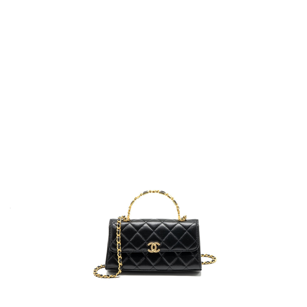 CHANEL 22B FLAP BAG WITH ENAMEL TOP HANDLE LAMBSKIN BLACK GHW (MICROCHIP)
