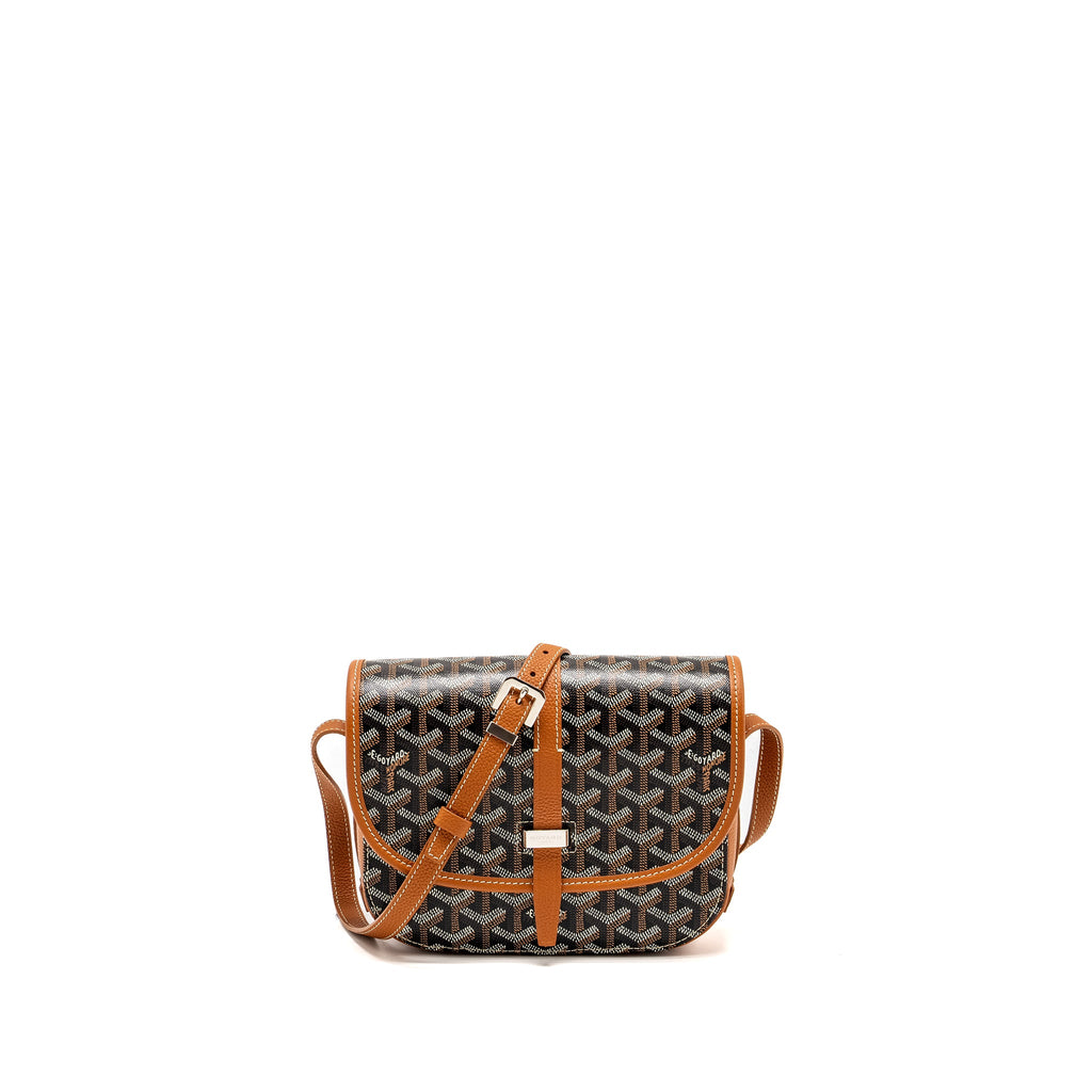 GOYARD BELVEDERE PM MESSENGER BAG GOYARDLINE CANVAS/CALFSKIN BLACK/TAN SHW