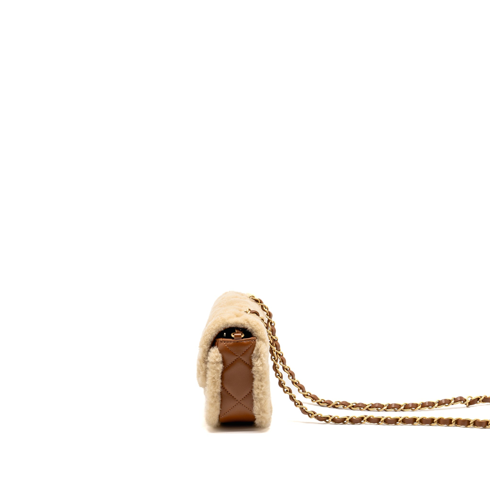 CHANEL MINI SHEARLING FLAP BAG LAMBSKIN DARK BROWN GHW (MICROCHIP)