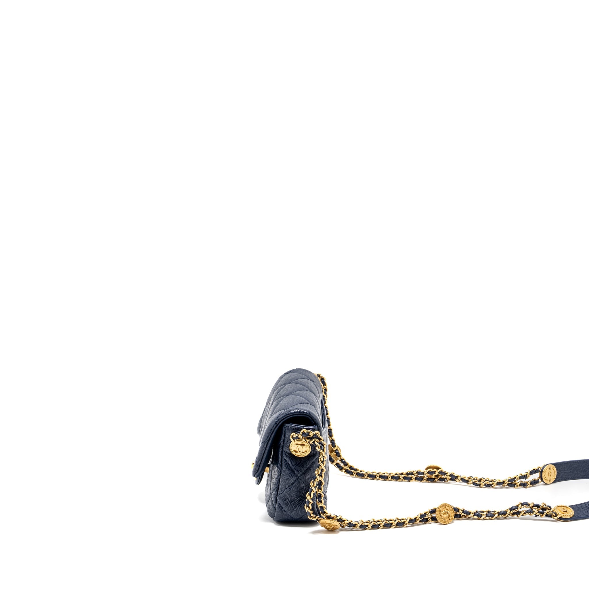CHANEL 22A BUTTON ON CHAIN MINI SQUARE FLAP BAG CAVIAR NAVY GHW (MICROCHIP)
