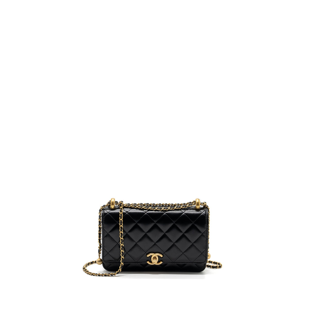 CHANEL 24C GOLD CRUSH WALLET ON CHAIN CALFSKIN BLACK GHW (MICROCHIP)