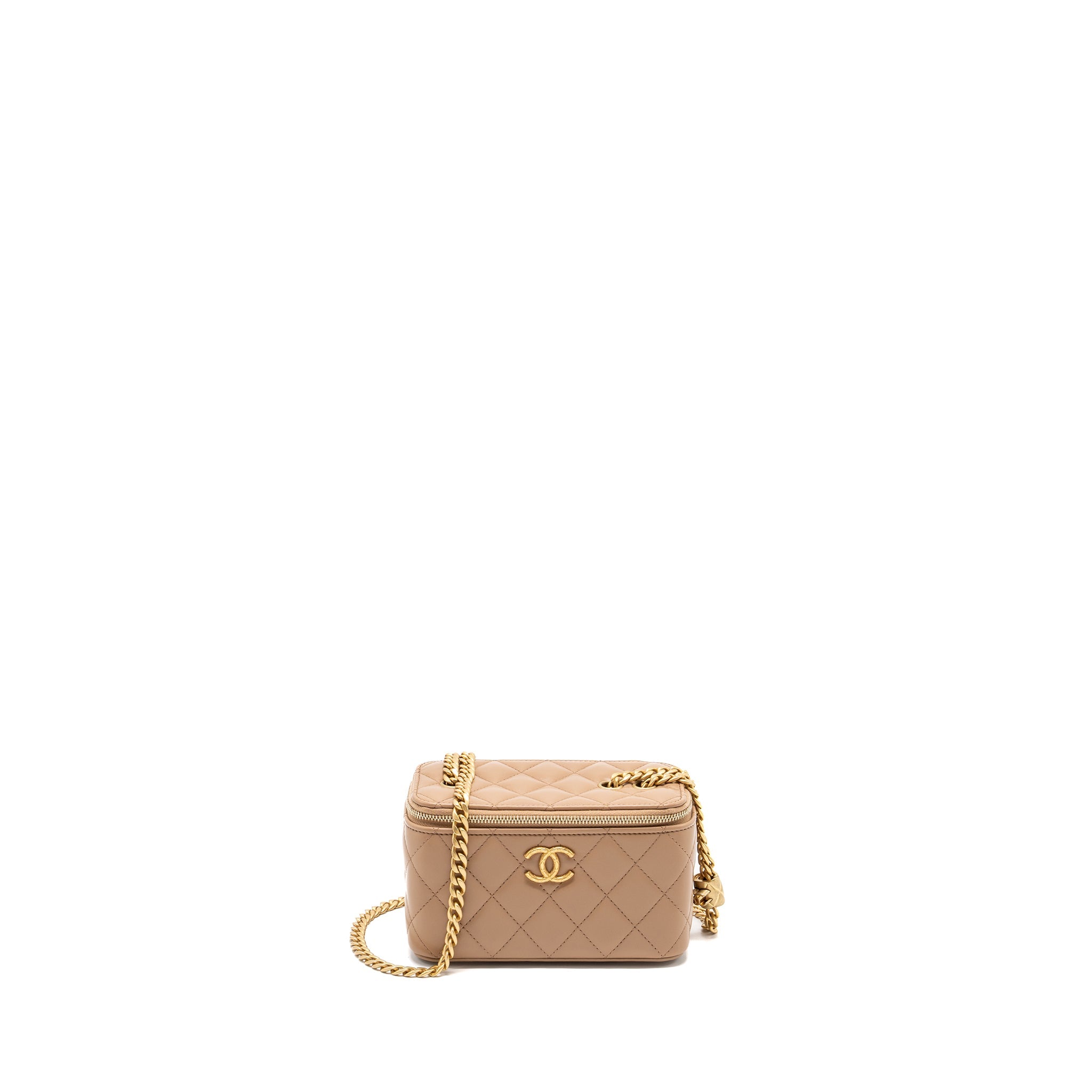 CHANEL GOLD PILLAR LONG VANITY CASE WITH ADJUSTABLE CHAIN LAMBSKIN DARK BEIGE GHW (MICROCHIP)