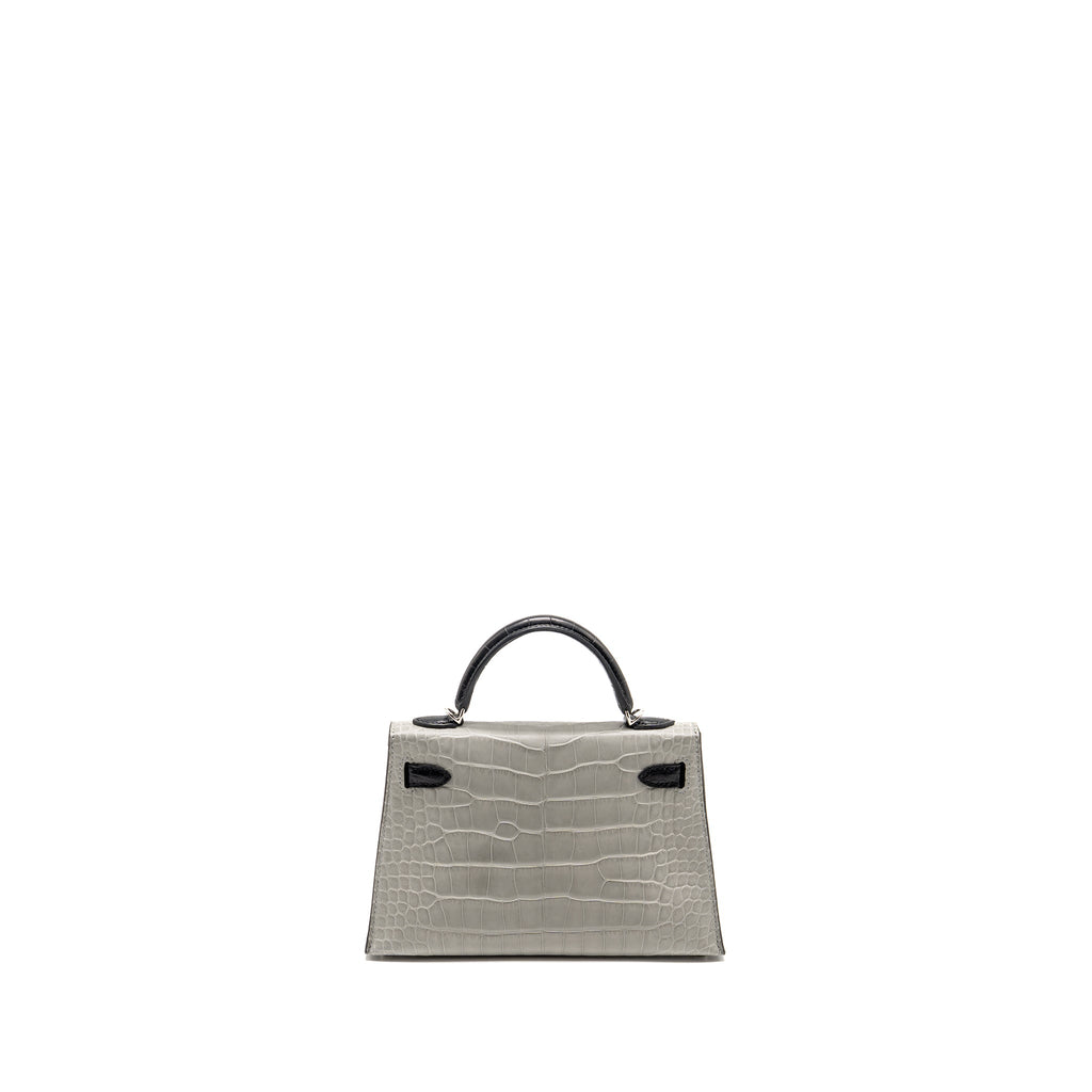 HERMES MINI KELLY II ALLIGATOR MISSISSIPPIENSIS MATT GRIS PERLE / BLACK SHW