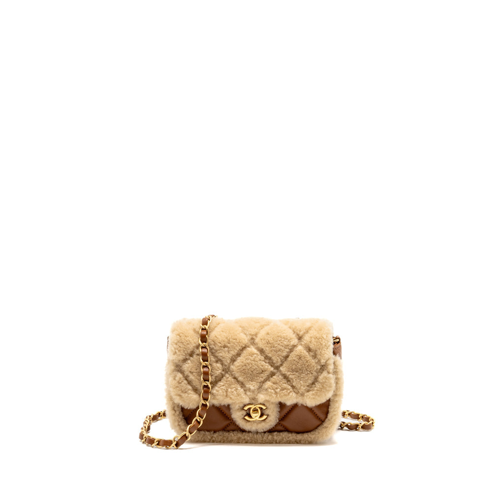 CHANEL MINI SHEARLING FLAP BAG LAMBSKIN DARK BROWN GHW (MICROCHIP)