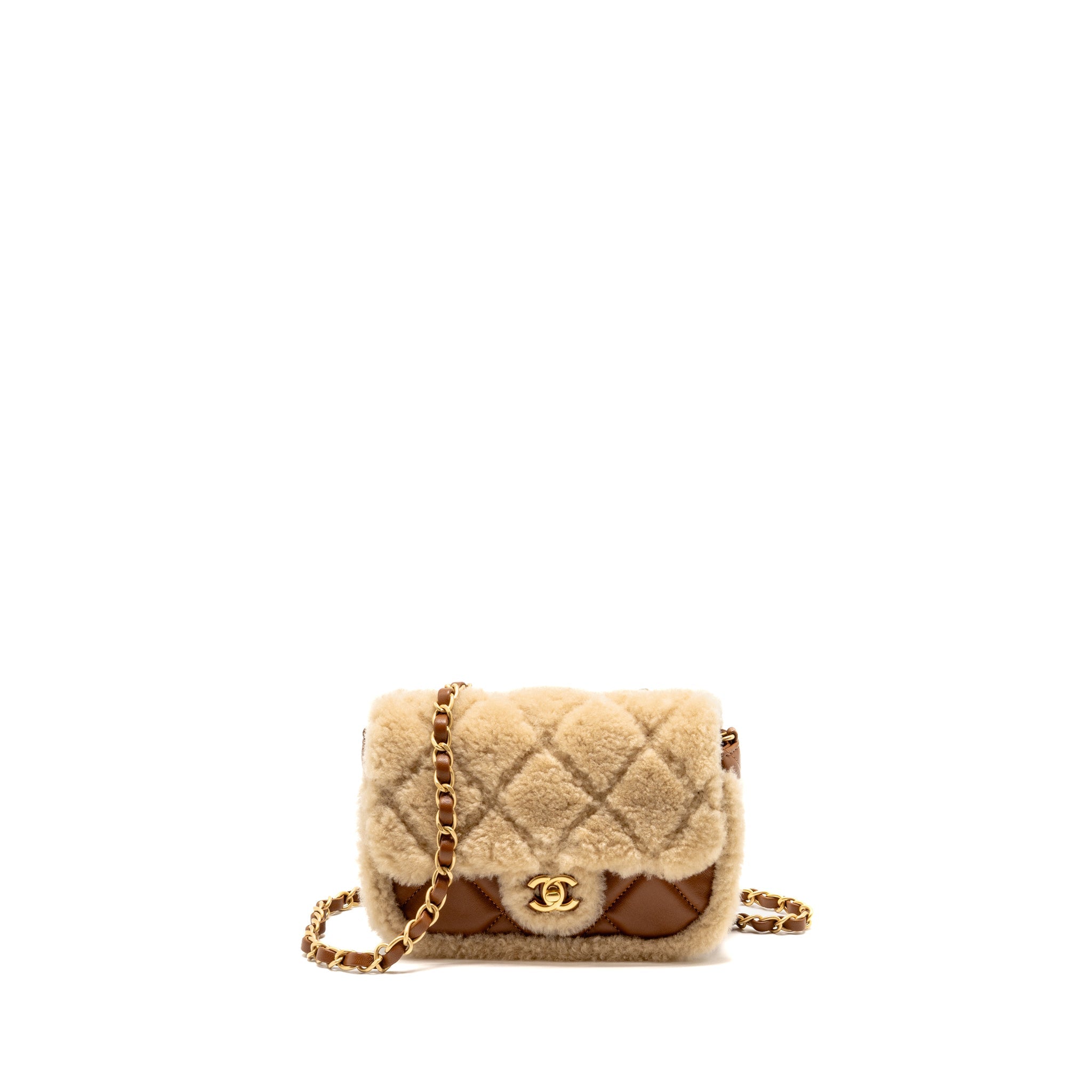 CHANEL MINI SHEARLING FLAP BAG LAMBSKIN DARK BROWN GHW (MICROCHIP)