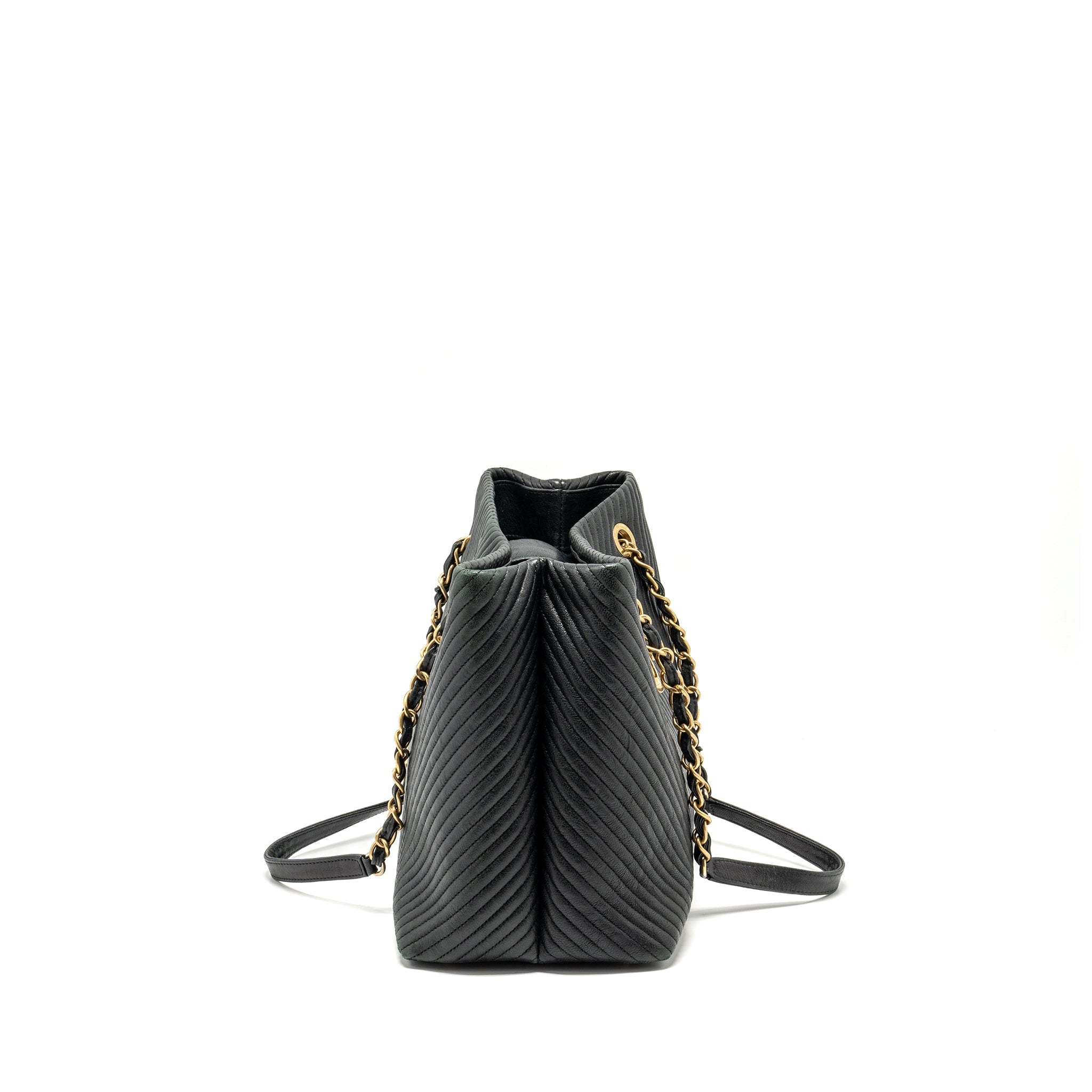 CHANEL CHEVRON SHOPPING TOTE BAG GOATSKIN BLACK GHW