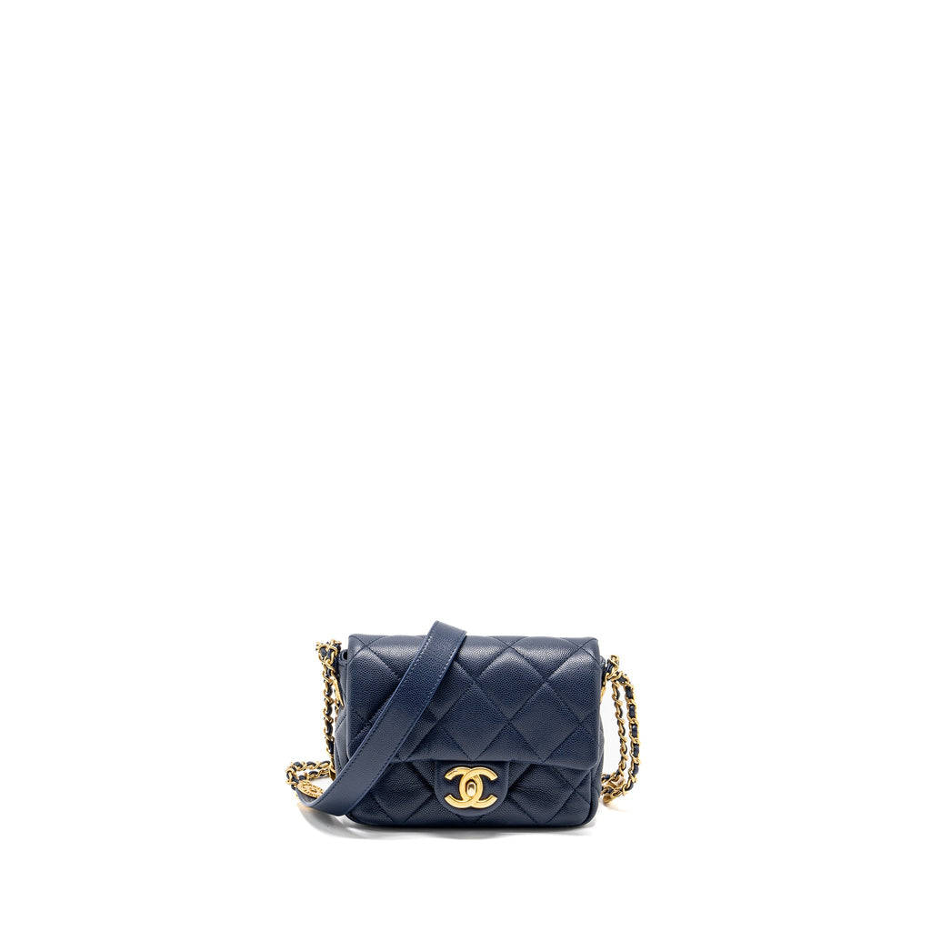 CHANEL 22A BUTTON ON CHAIN MINI SQUARE FLAP BAG CAVIAR NAVY GHW (MICROCHIP)
