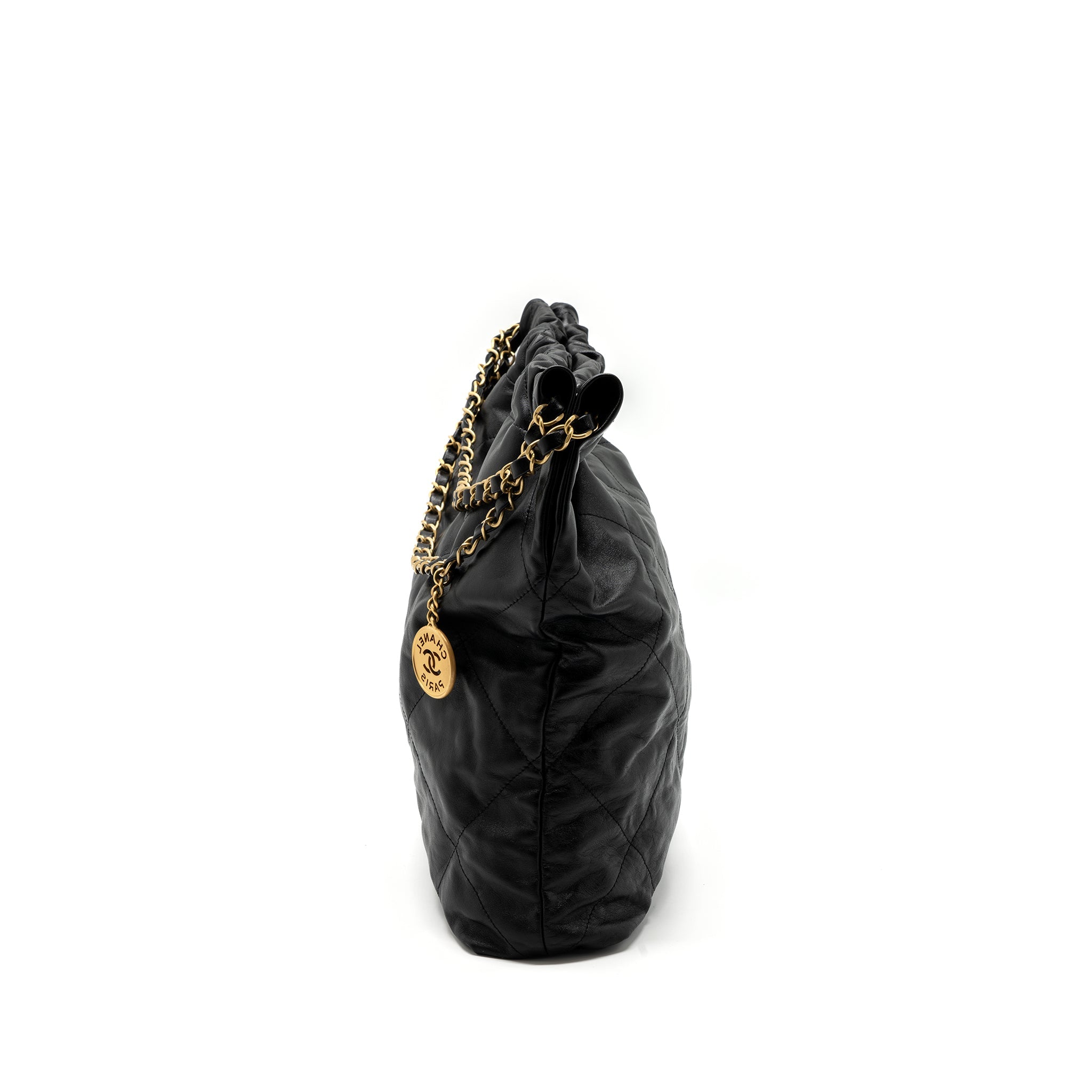 CHANEL MEDIUM 22 BAG SHINY CALFSKIN BLACK BRUSHED GHW(MICROCHIP)