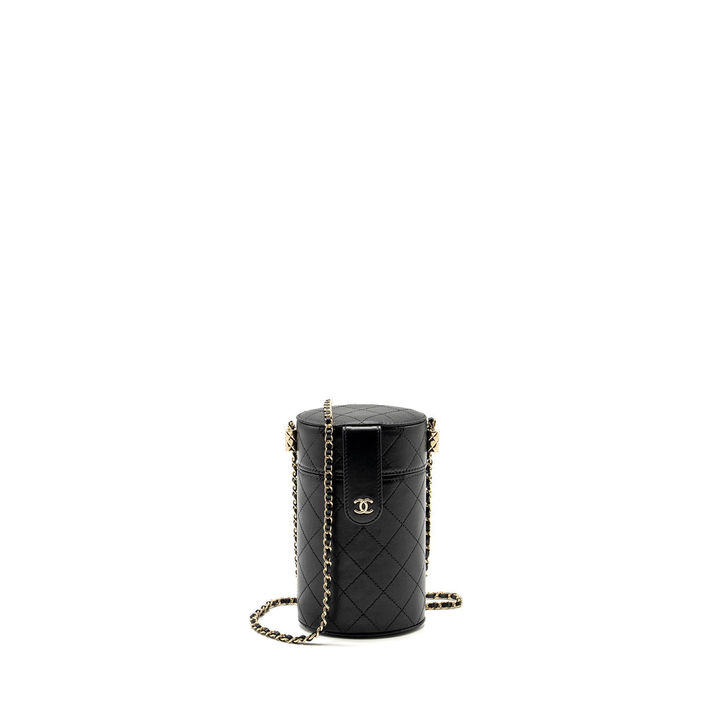 CHANEL CC ROUND VANITY CASE WITH CHAIN LAMBSKIN BLACK LGHW