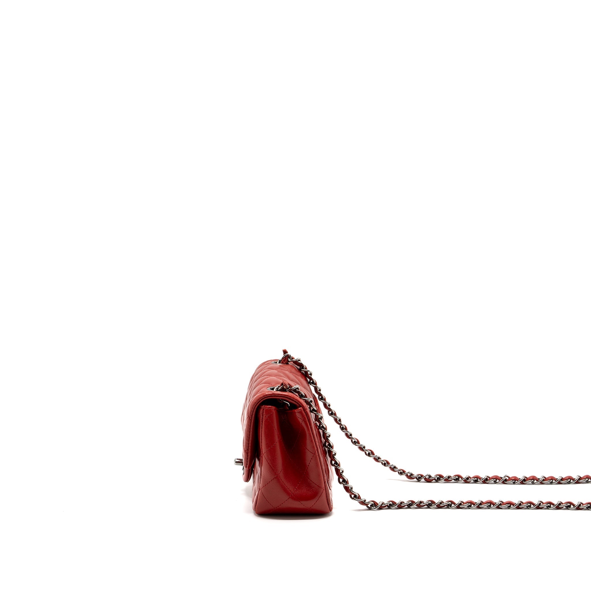 CHANEL MINI SQUARE FLAP BAG LAMBSKIN RED BLACK HARDWARE