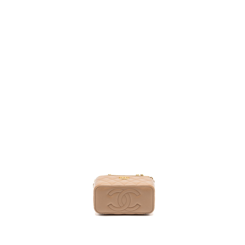 CHANEL GOLD PILLAR LONG VANITY CASE WITH ADJUSTABLE CHAIN LAMBSKIN DARK BEIGE GHW (MICROCHIP)