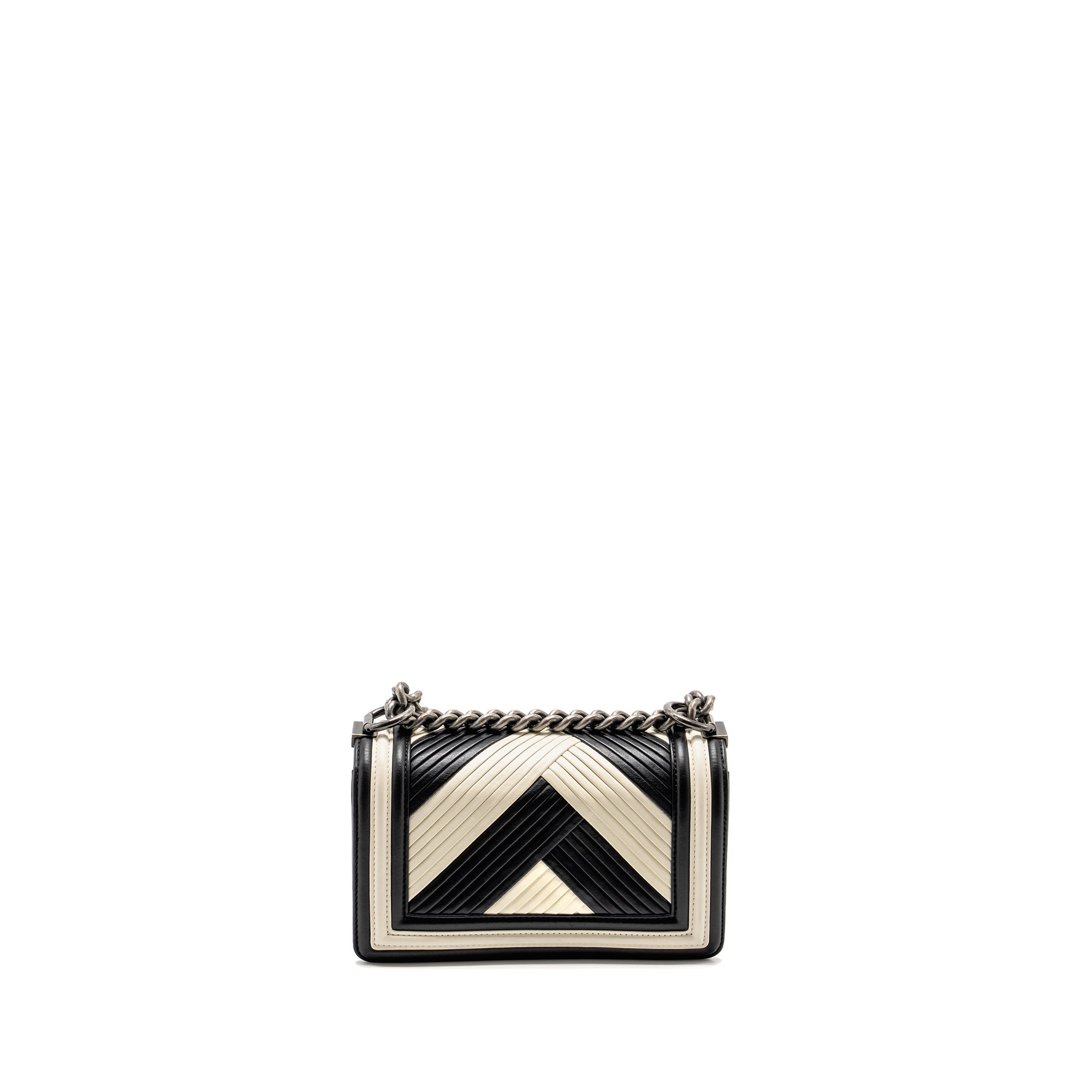 CHANEL SMALL BOY BAG CHEVRON CALFSKIN WHITE/BLACK RUTHENIUM SILVER HARDWARE