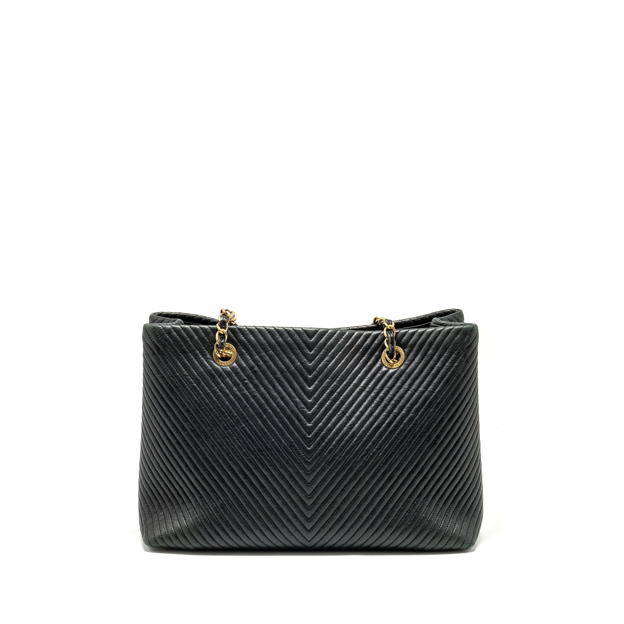 CHANEL CHEVRON SHOPPING TOTE BAG GOATSKIN BLACK GHW