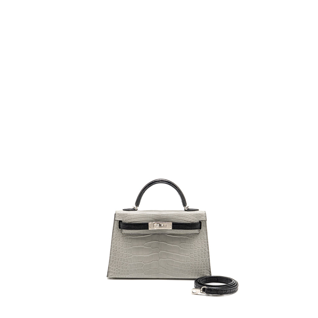 HERMES MINI KELLY II ALLIGATOR MISSISSIPPIENSIS MATT GRIS PERLE / BLACK SHW