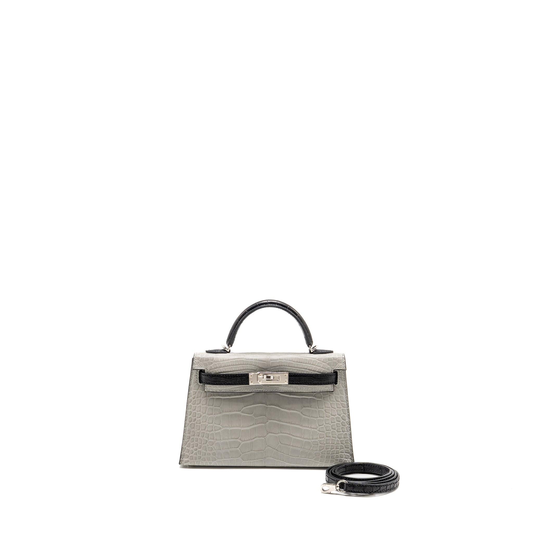 HERMES MINI KELLY II ALLIGATOR MISSISSIPPIENSIS MATT GRIS PERLE / BLACK SHW