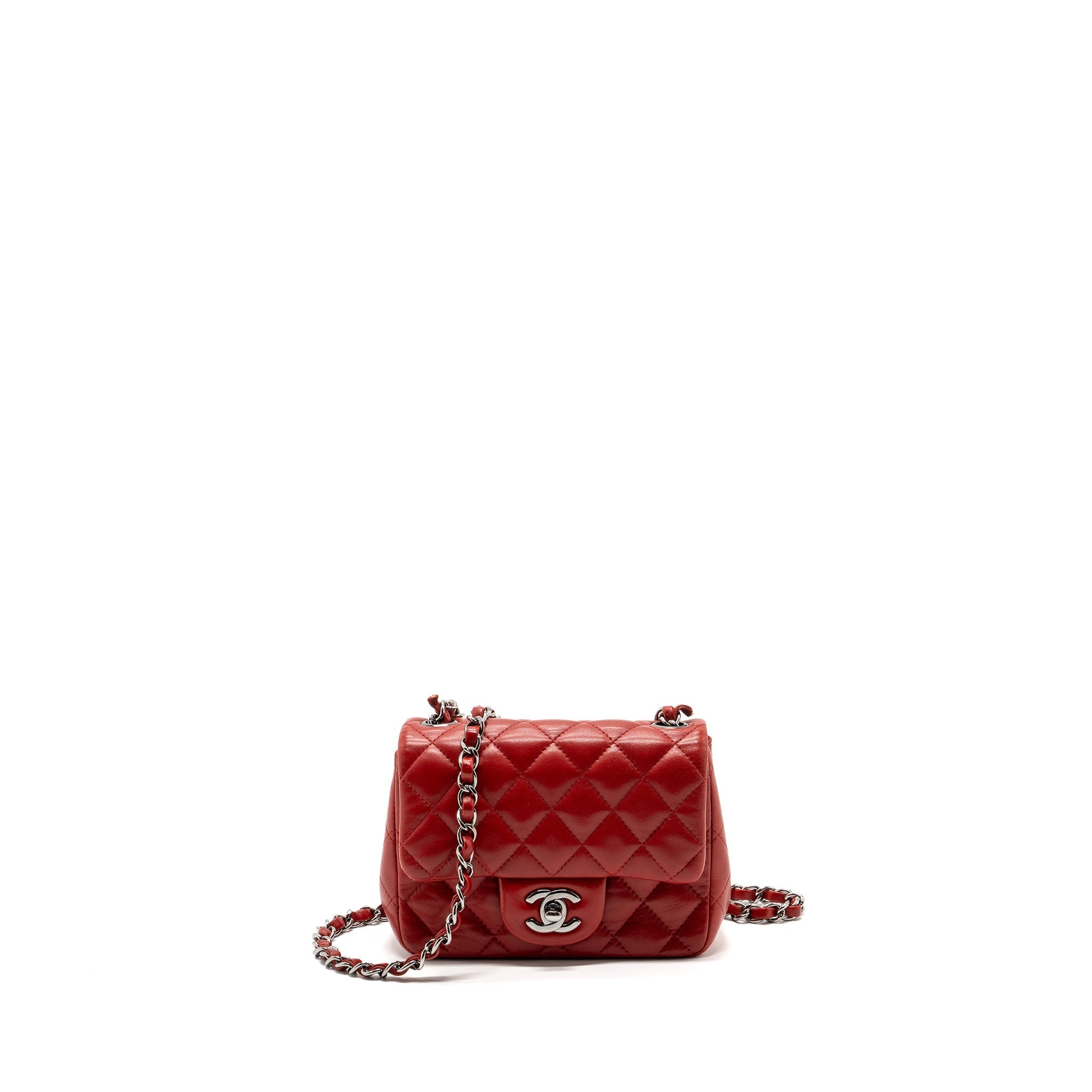 CHANEL MINI SQUARE FLAP BAG LAMBSKIN RED BLACK HARDWARE