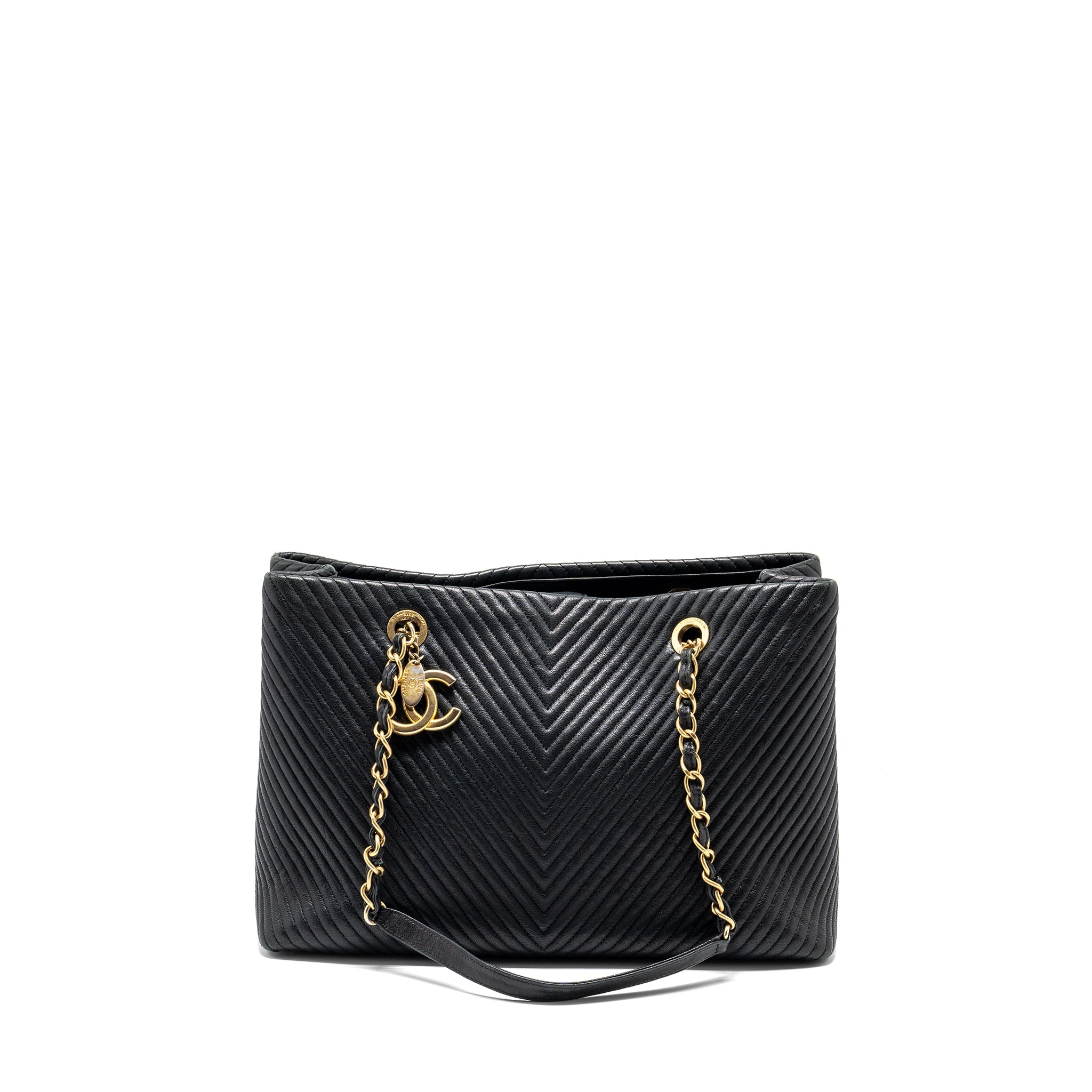 CHANEL CHEVRON SHOPPING TOTE BAG GOATSKIN BLACK GHW