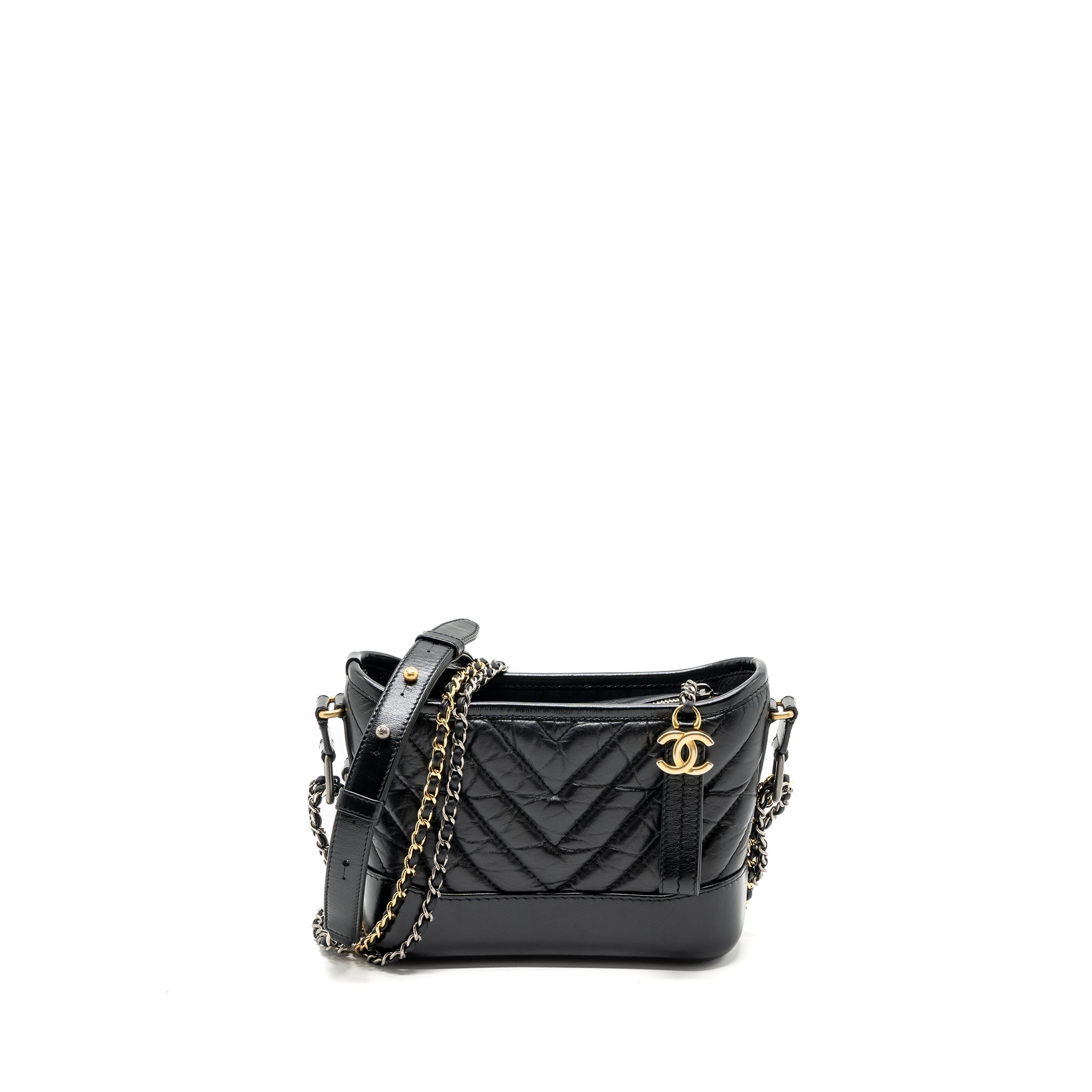 CHANEL SMALL GABRIELLE HOBO BAG CHEVRON AGED CALFSKIN BLACK MULTICOLOUR HARDWARE