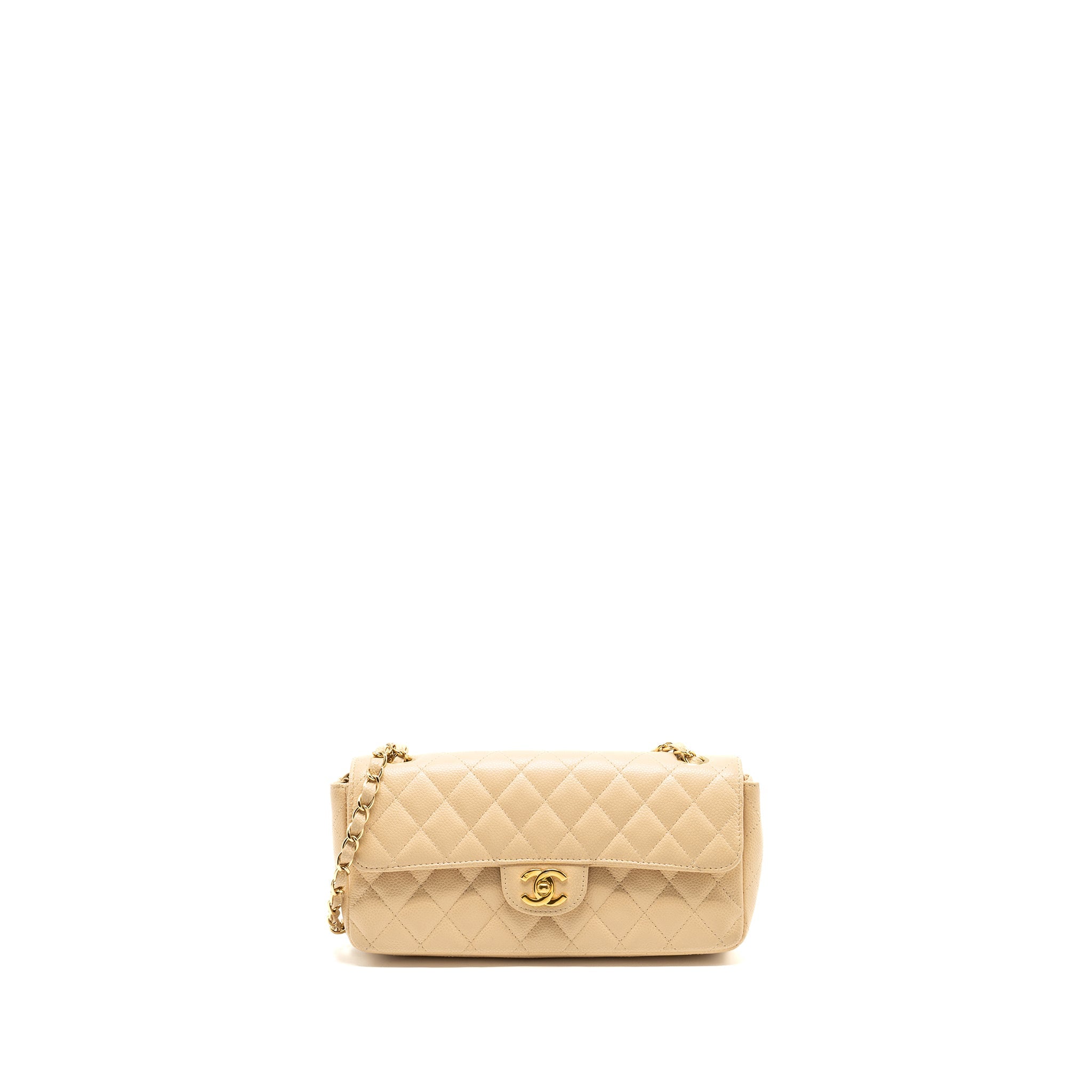 CHANEL EAST-WEST FLAP SHOULDER BAG CAVIAR BEIGE GHW