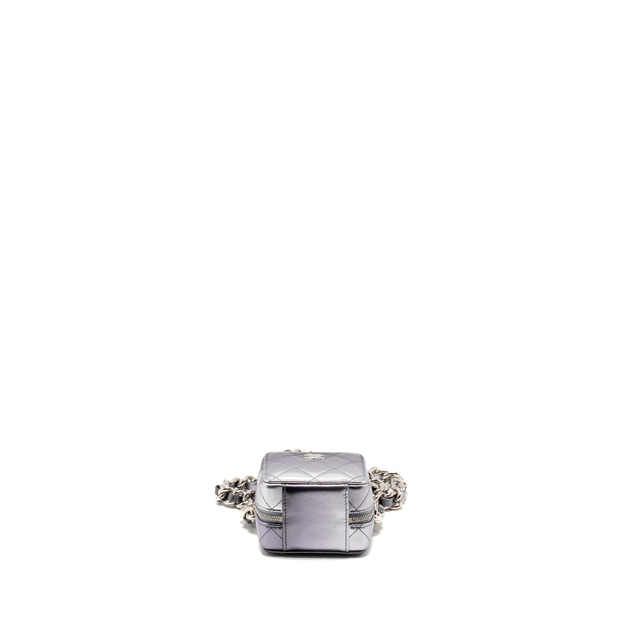 CHANEL MINI QUILTED VANITY WITH GIANT CHAIN LAMBSKIN METALLIC GREY SHW