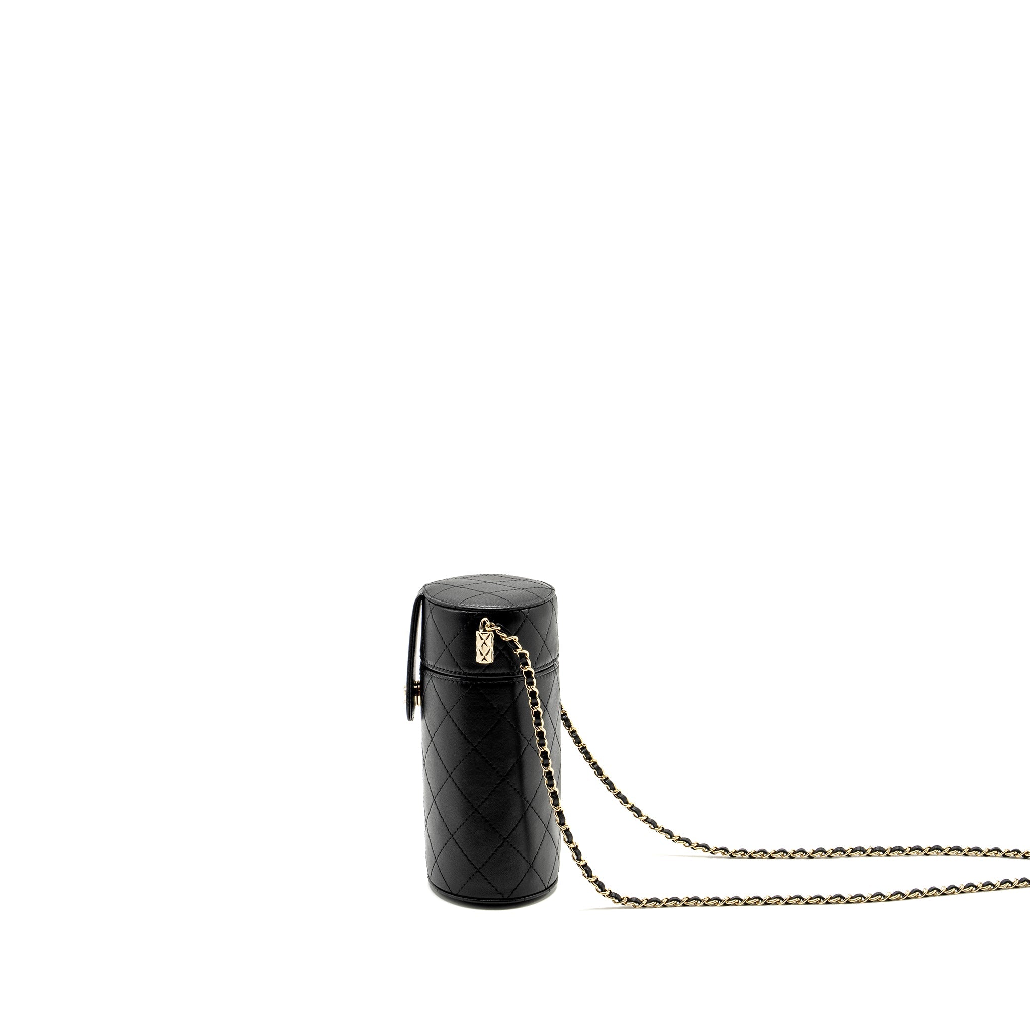 CHANEL CC ROUND VANITY CASE WITH CHAIN LAMBSKIN BLACK LGHW